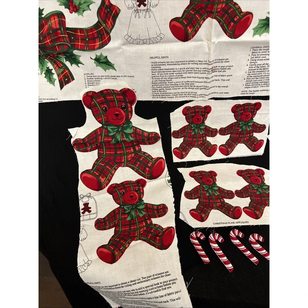 Vintage Christmas Red Plaid Teddy Bear Bows Applique Fabric Panel Cranston
